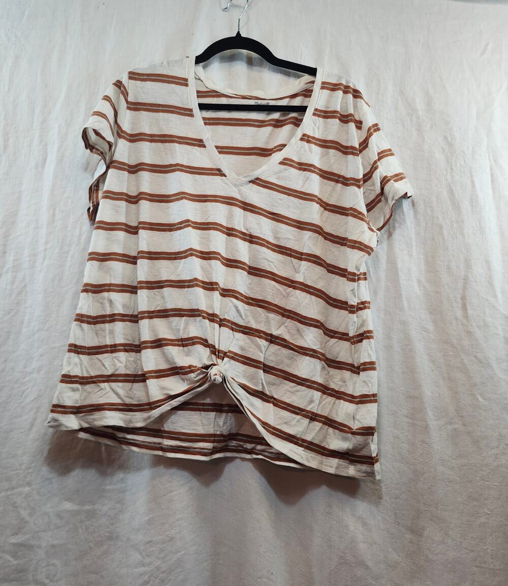Madewell Womens XXL Tan Striped T Shirt Tie Waist Detail Scoop Neck Short Sleeve